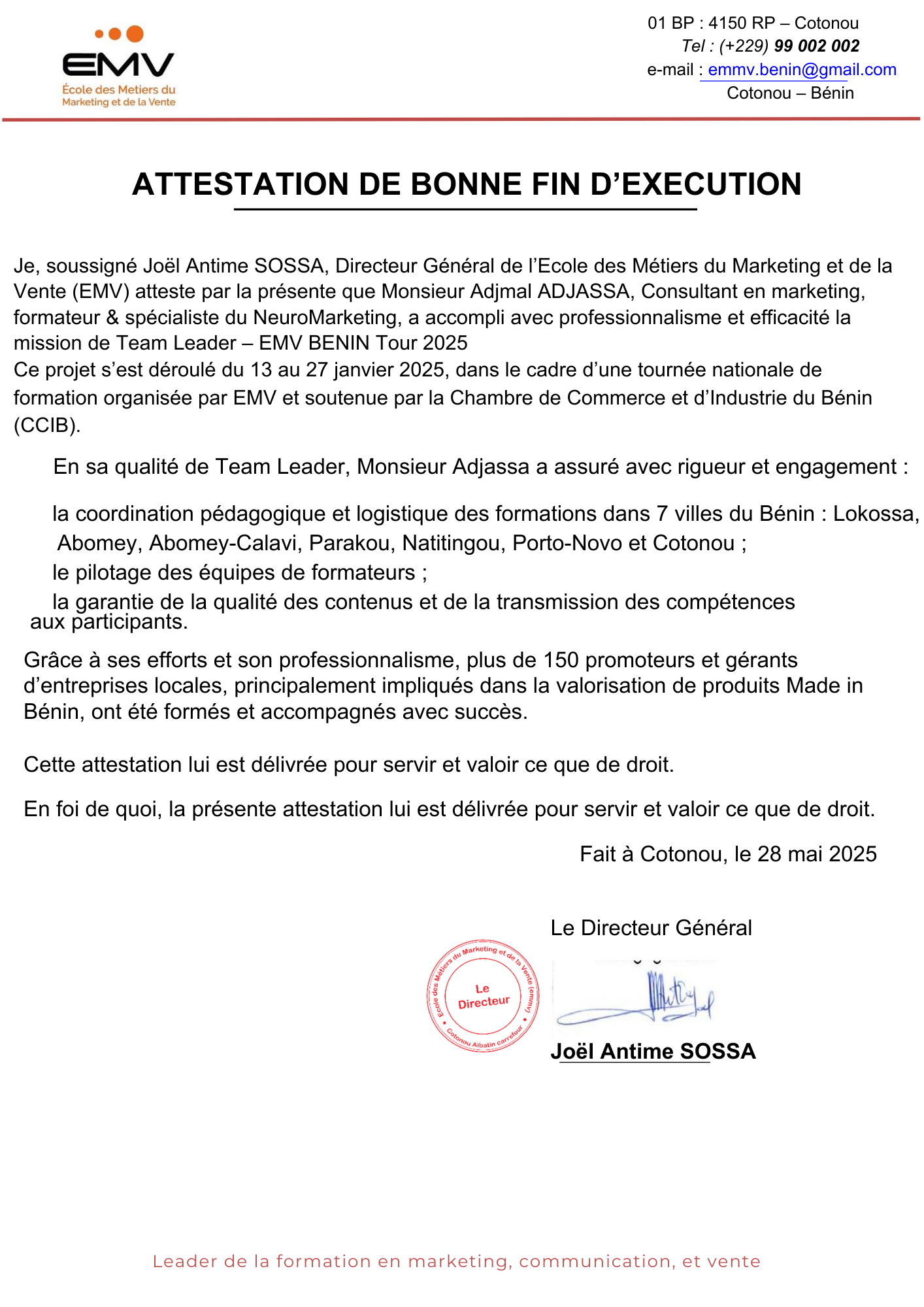 Attestation Formateur / Ecole des Métiers du Marketing et de la Vente (EMV)